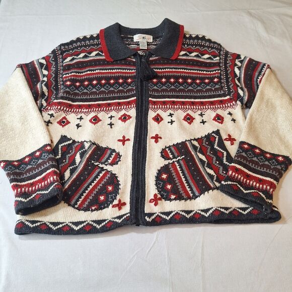 Vintage SML Sport White Red Black Ugly Christmas Sweater Full Zip Cardigan Sz L - Picture 10 of 10